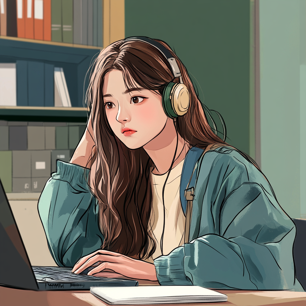 a cartoon of a woman wearing headphones and using a laptop