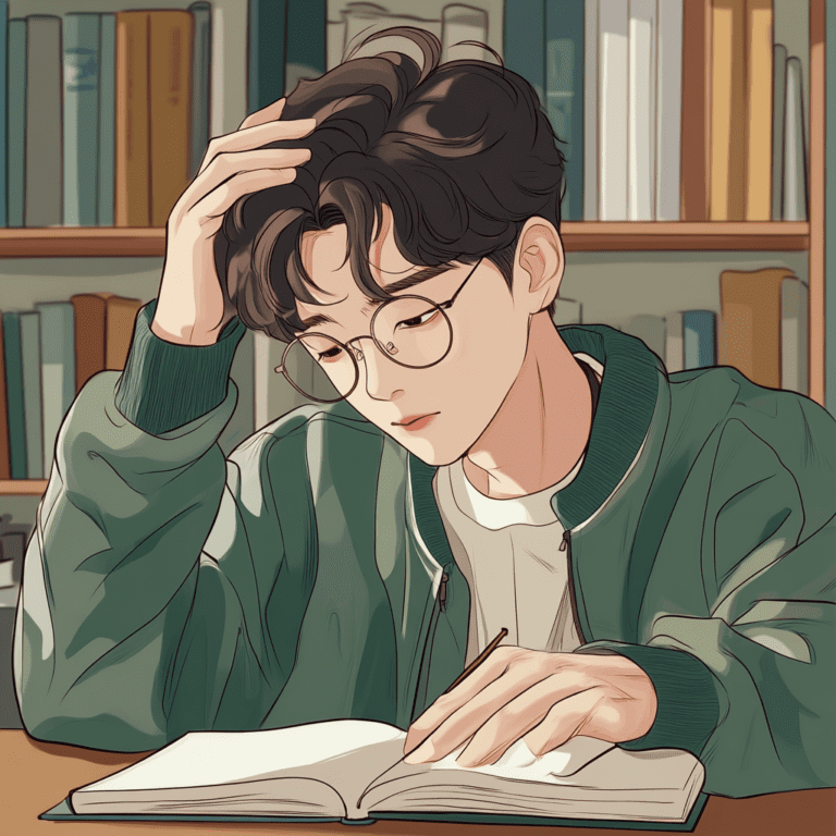 a korean university student is trying to overcome focusing problem. draw this in a korean webtoon style