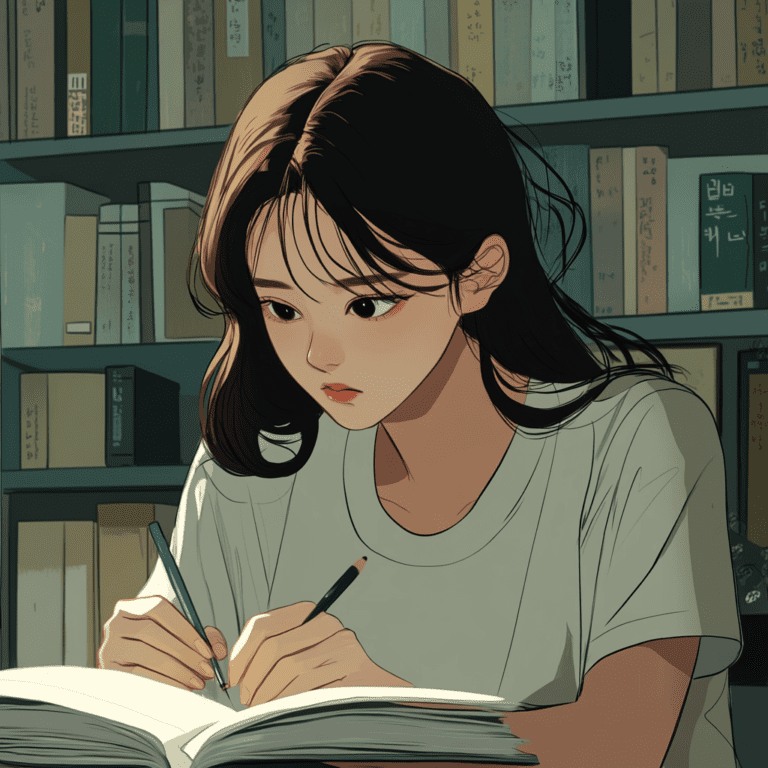 a korean university student is trying to overcome focusing problem. draw this in a korean webtoon style