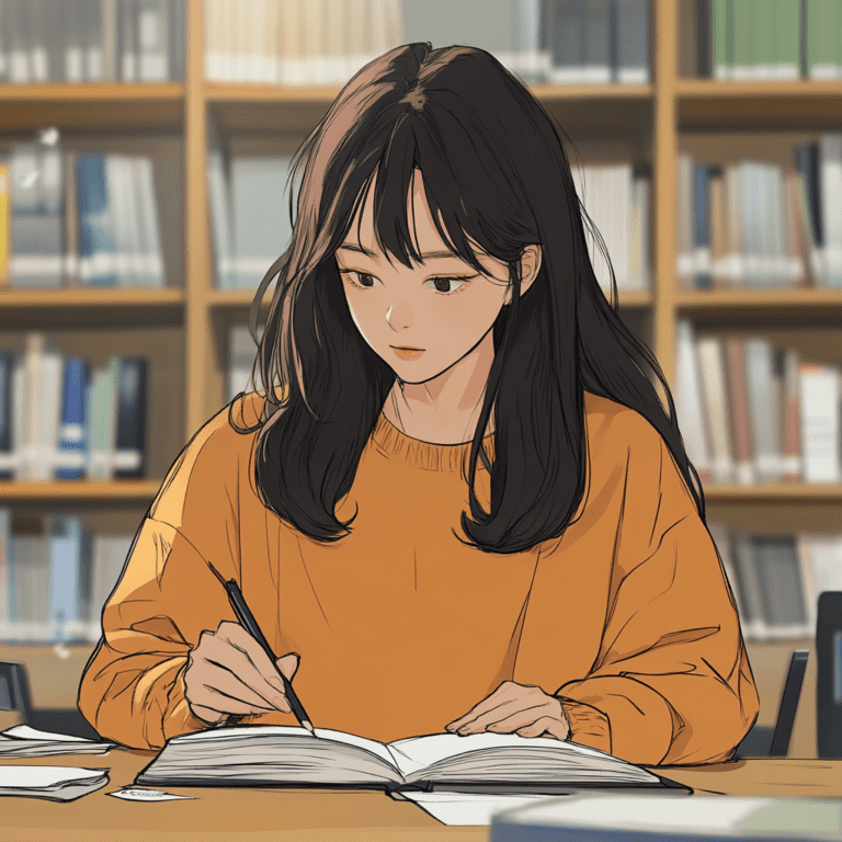 a korean university student is studying in the library
