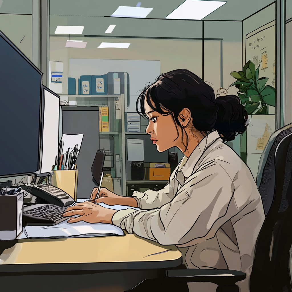 a korean office worker is working hard in the office.