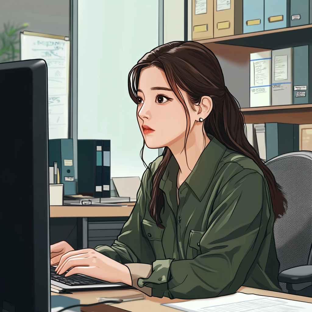 a korean office worker is working hard in the office.