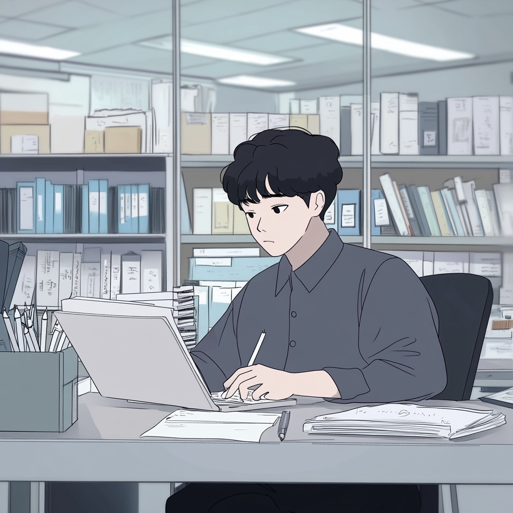 a korean office worker is working hard in the office.